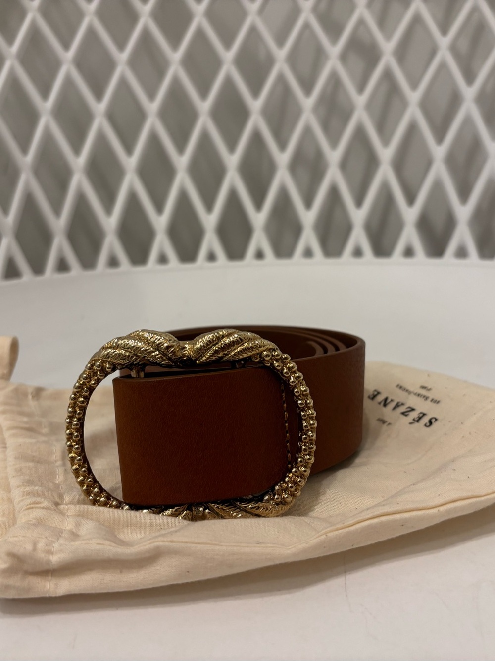 Sezane Brown Leather Belt with Gold Embellished Buckle